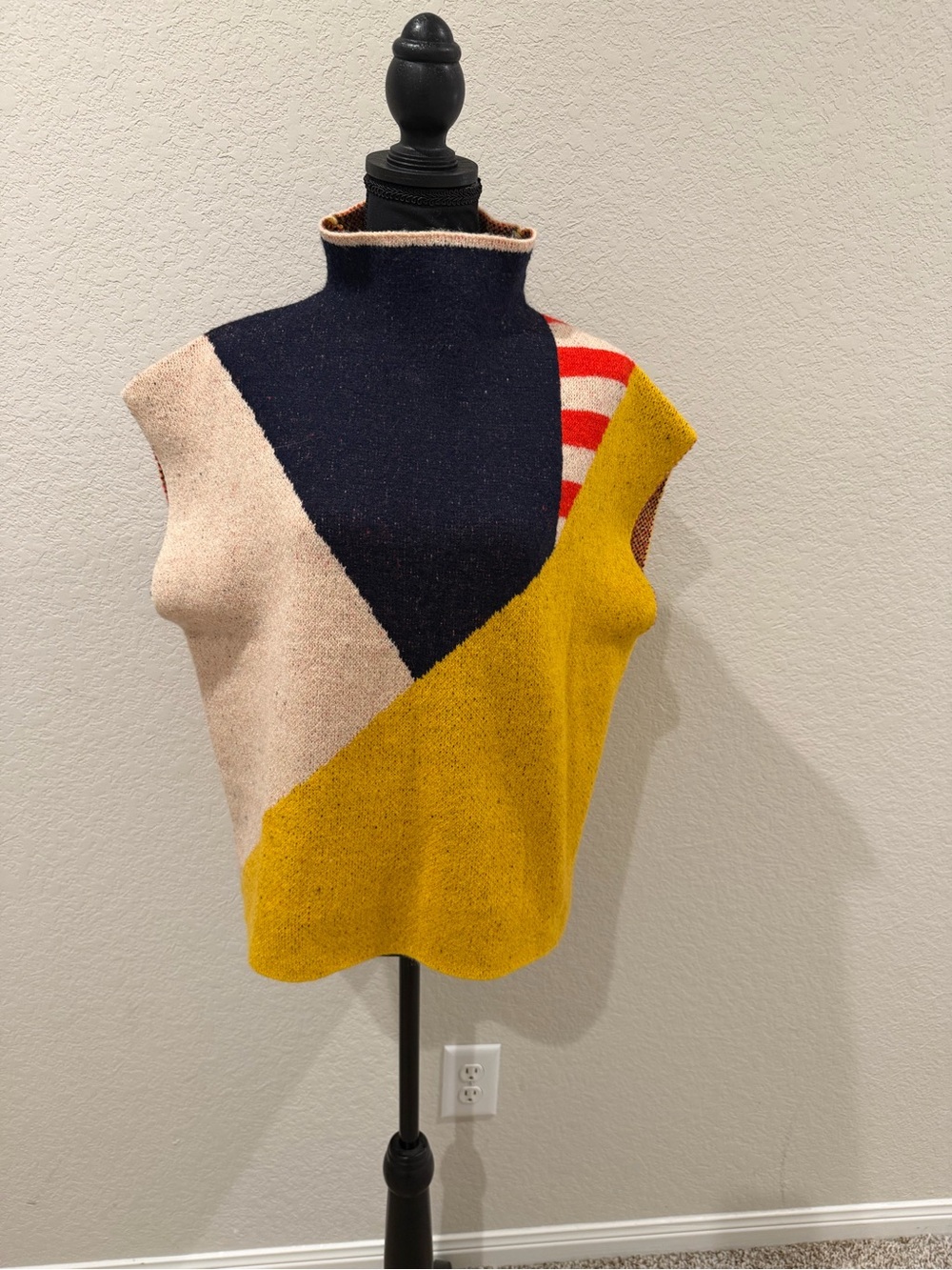 THML Colorblock Cowl Neck Sweater Vest in Mustard, Navy & Cream with Red Stripes